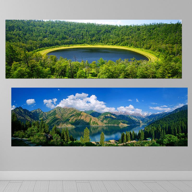 新疆天池风景自粘海报墙贴画大自然山水聚宝盆客厅办公室招财挂画