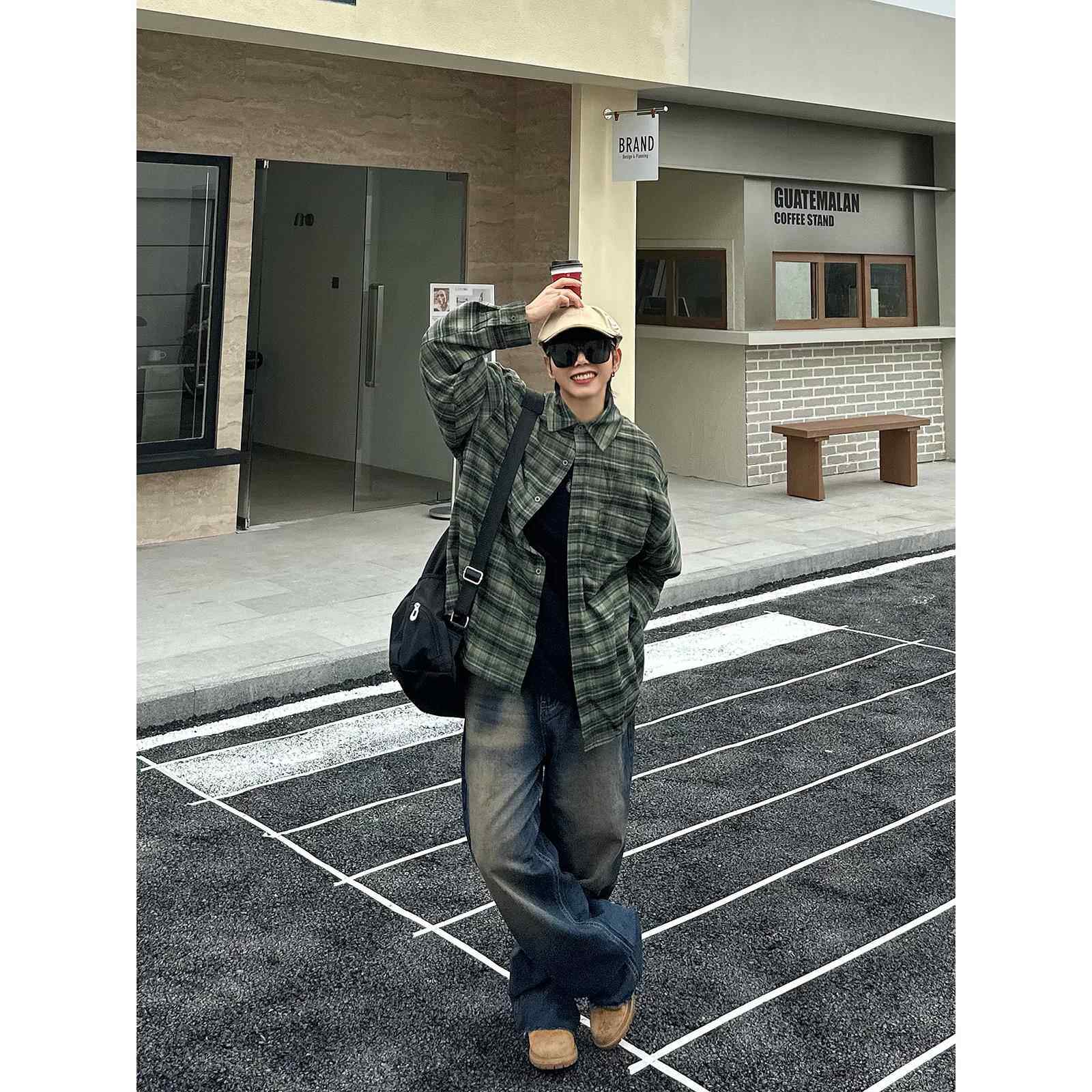 XBRO美式复古古着格子长袖衬衫春秋百搭通勤衬衣男女宽松慵懒外套