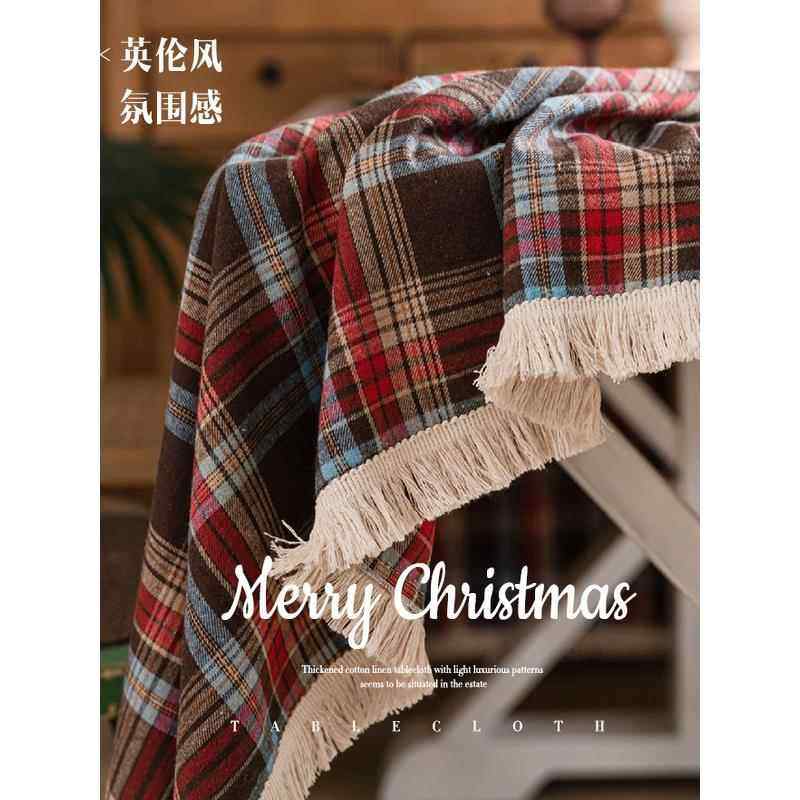 棉麻圣诞格子桌布英伦风覆古布艺氛围流苏餐桌布新年氛围装饰台布,居家布艺,桌布,淘宝优惠券,粉丝福利购,淘宝优惠卷