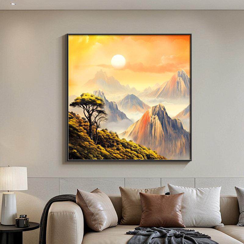 旭日东升客厅沙发背景墙装饰画 画新中式迎客松挂画 画背有靠山方