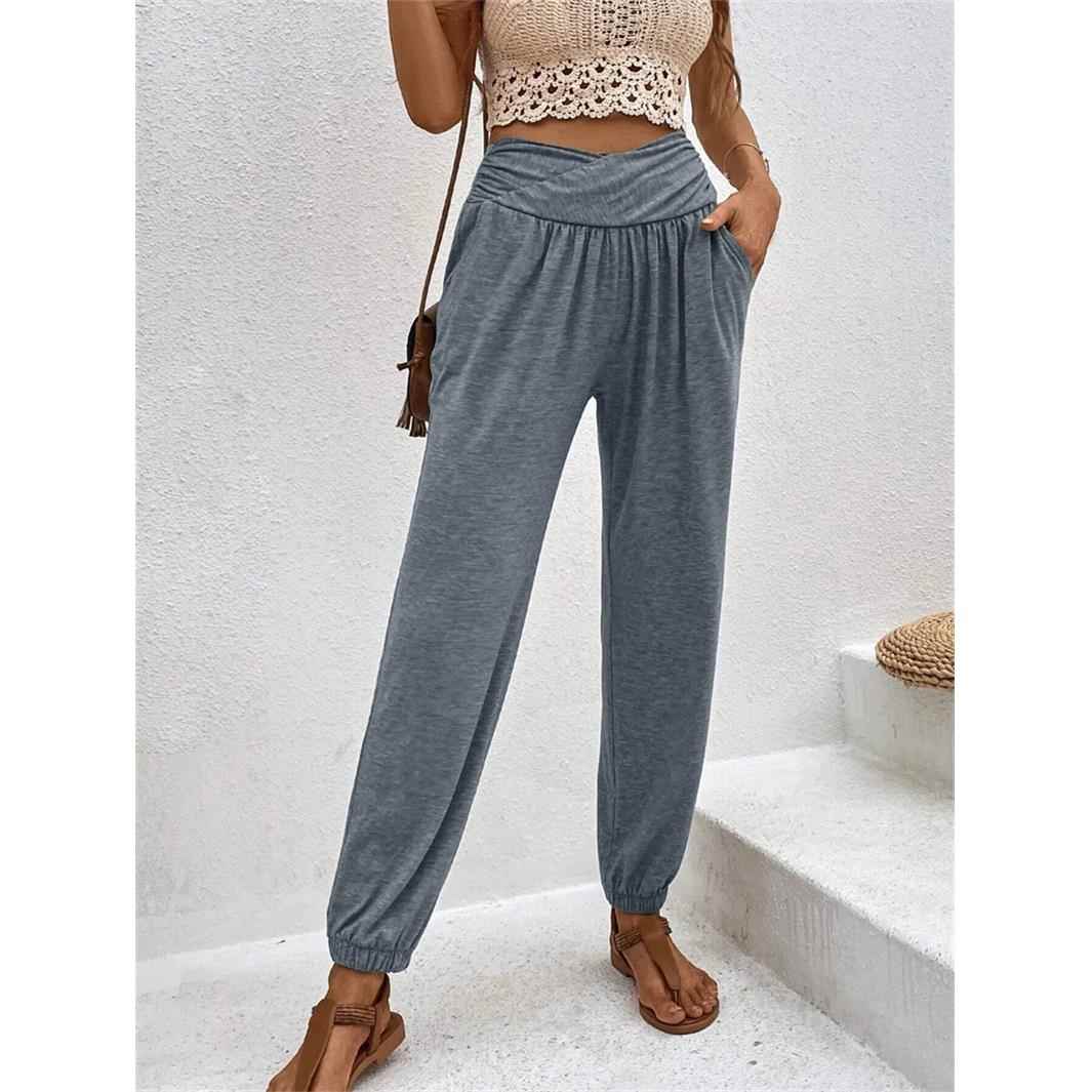 women cuff waist high pocket loose casual temperament