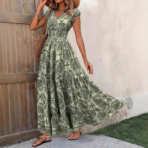 Womens All Over Print Shirred Dress Boho Fashion Short