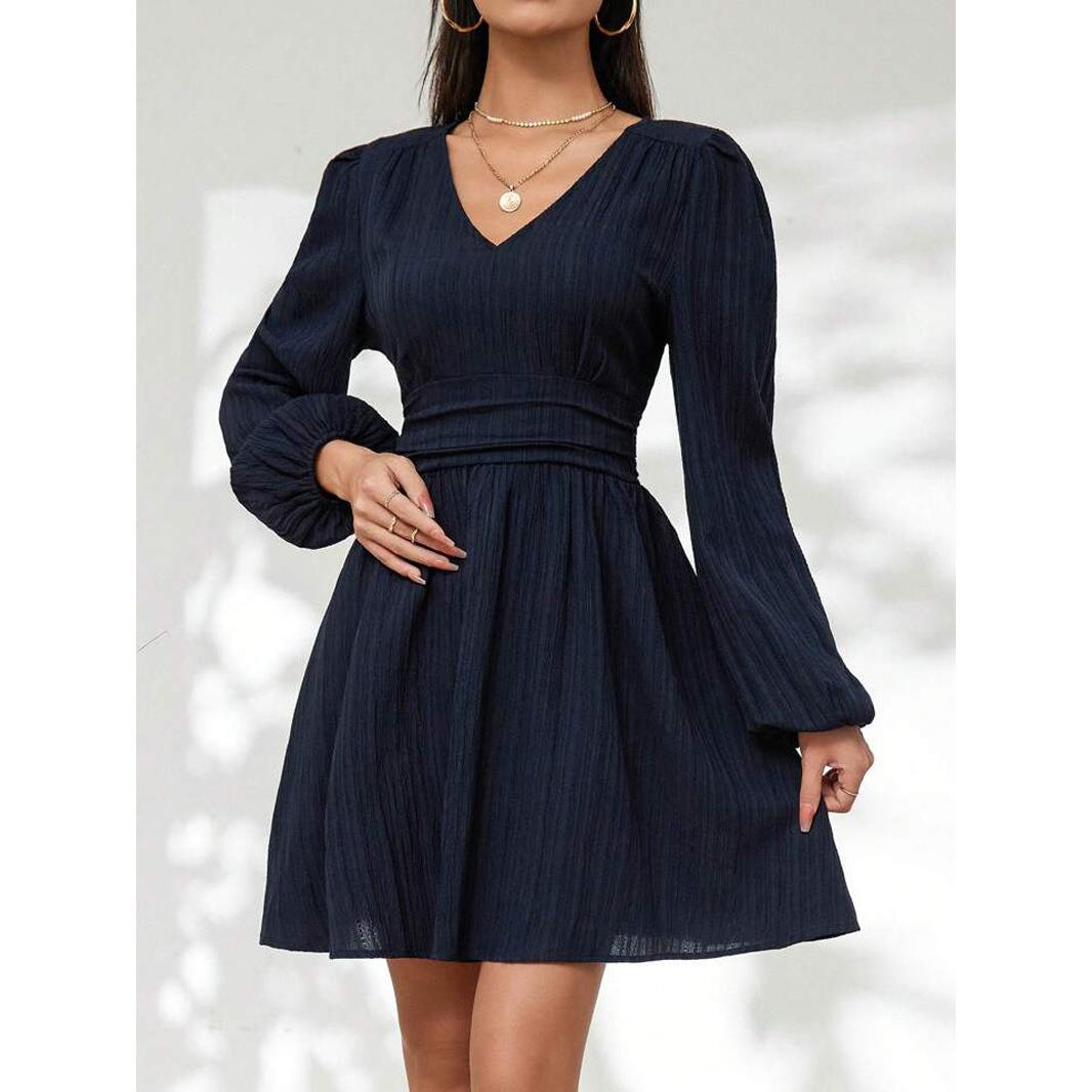 V-neck lantern long sleeve waist women's dress fashion