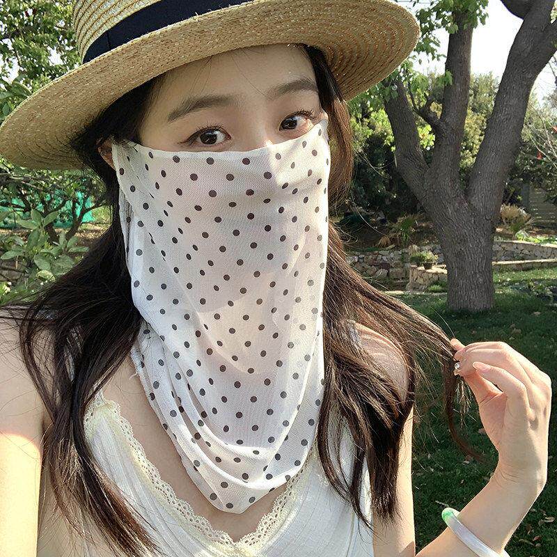波点防晒面纱女夏季骑行全脸护颈防晒面罩口罩