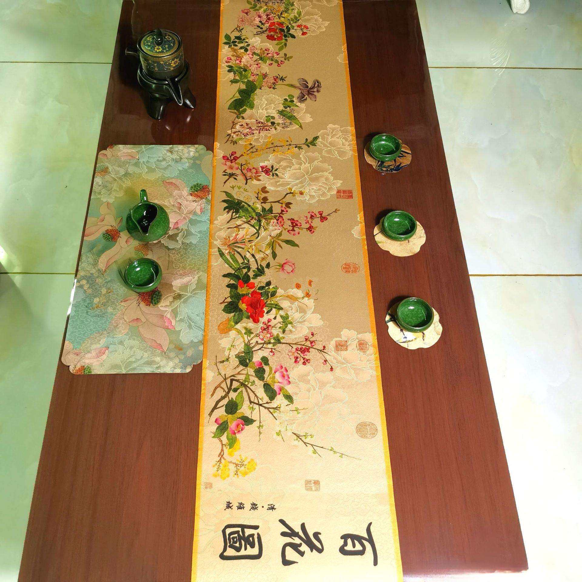 百花园茶席中式禅意复古布艺桌布长条茶旗防水轻奢茶台布工厂