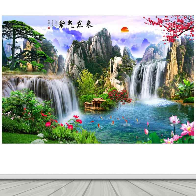 紫气东来流水生财花开富贵九鱼头迎客松山水画风景画自粘画壁画