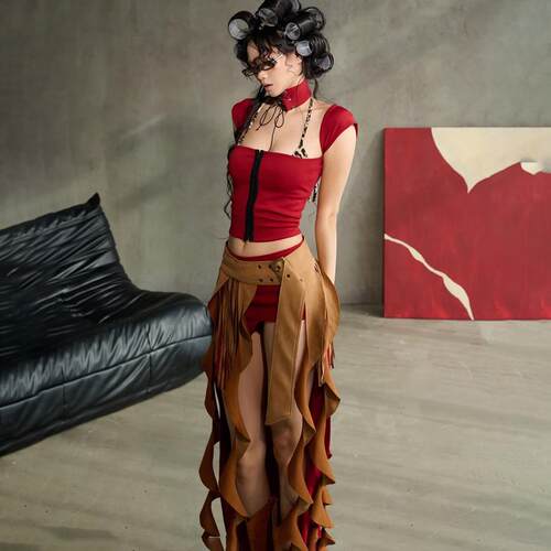 Women's brown ruffled fringe waist seal with slimming