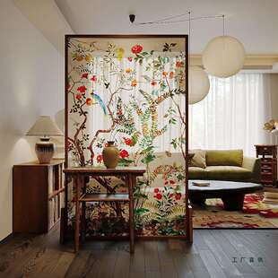 屏风隔断客厅移动玄关艺术玻璃入户正对门现代简约花鸟实木小座屏