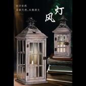 欧式 覆古蜡烛台木质防风灯落地摆件刷白做旧铁艺婚礼道具家居饰品