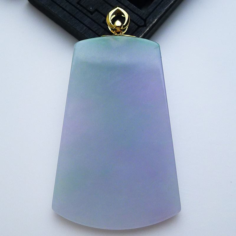 18K金镶玉扣头挂件翡翠正品双彩素面方形平安无事牌吊坠14.95g