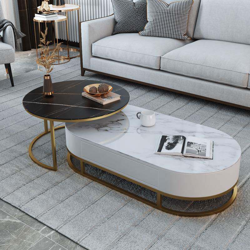 小户型客厅可伸缩电视柜茶几组合家用大理石椭圆形茶几长方形地柜