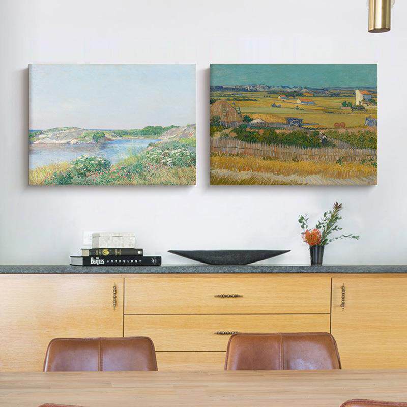 莫奈梵高名画手绘油画丰收麦田风景画客厅餐厅装饰画玄关挂画