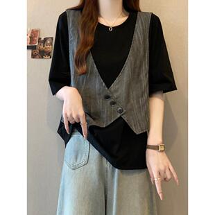 加码的腹部覆盖假两件套减少年龄短袖t恤胖女在夏天宽松的0307e