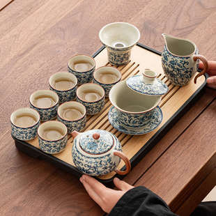 家用办公室客厅泡茶盖碗茶壶茶杯子陶瓷整套 青花汝窑功夫茶具套装