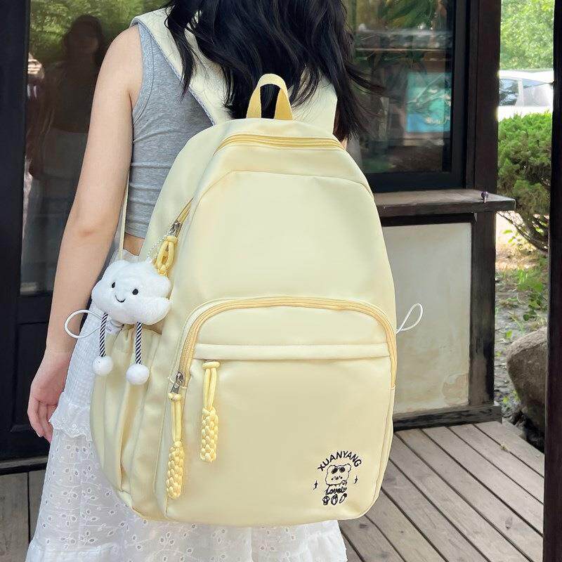日系ins新款高颜值清新甜美糖果色卡通刺绣背包女初高中生双肩包