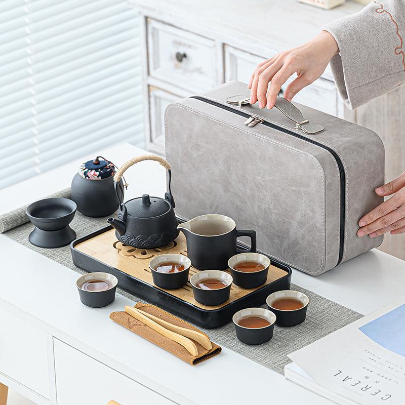 黑陶日式旅行茶具套装家用简约陶瓷功夫便携提梁一壶六杯小套茶具