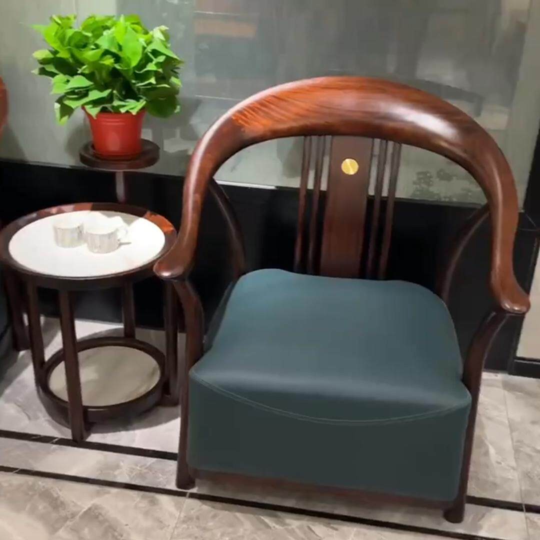 新中式乌金木单人休闲实木沙发椅三件套组合办公室洽谈椅酒店家具