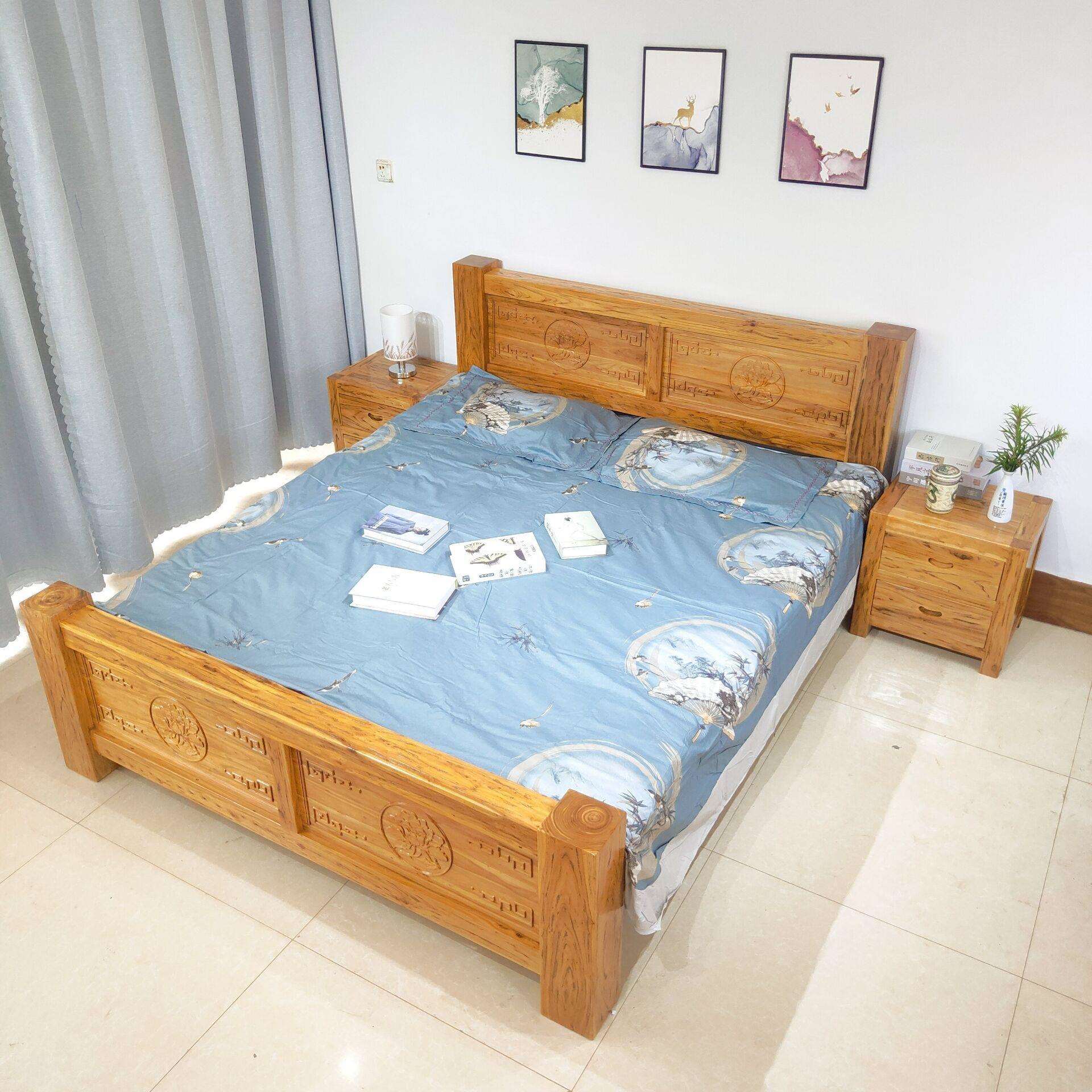 榆木床全实木瓷器地台北方老榆木实木老物件简易大床经济移动家具