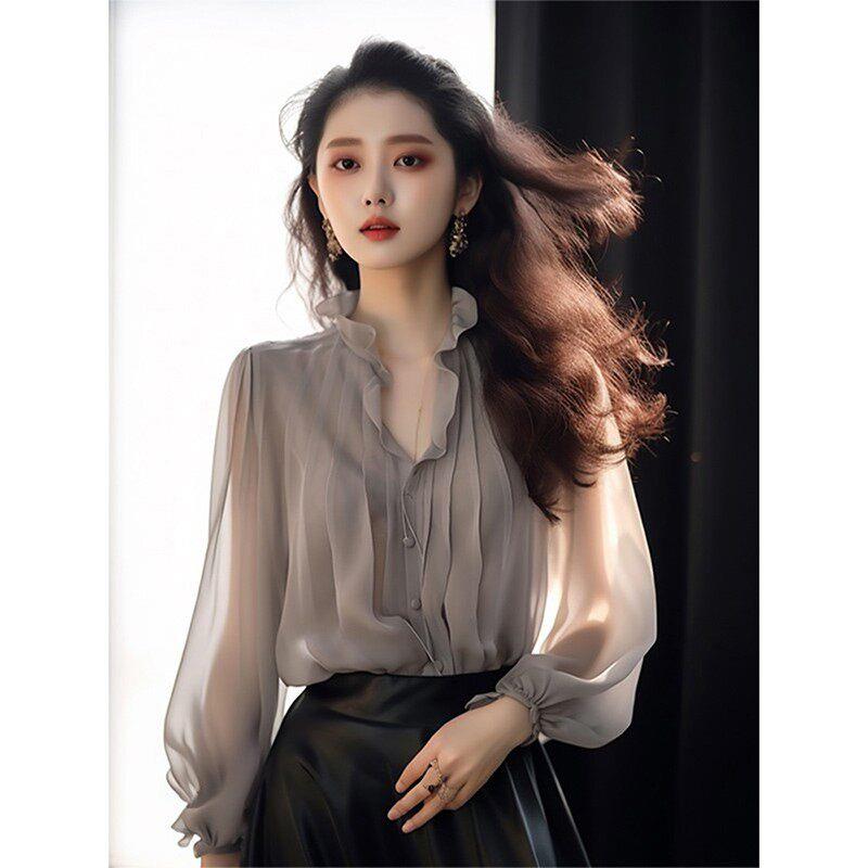 潮牌法式设计绝美防晒杉女夏高级感春秋薄款洋气减龄百搭雪纺衬衫