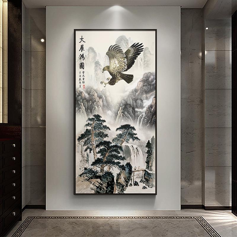 新中式玄关装饰画办公室挂画大气走廊中国风高山流水茶室古典墙画