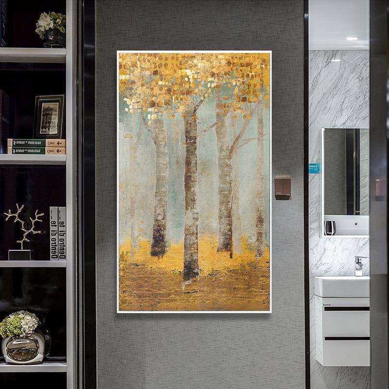 现代纯手绘油画金钱树招财抽象装饰画酒店玄关金色轻奢挂画