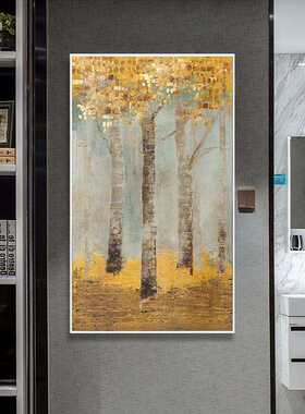 现代纯手绘油画金钱树招财抽象装饰画酒店玄关金色轻奢挂画