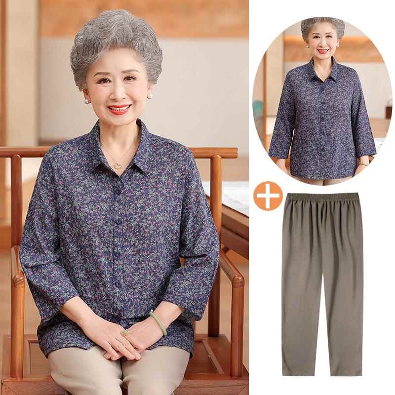 奶奶装纯棉衬衫妈妈太太七分袖衬衣服女70岁80多老年人春夏装套装