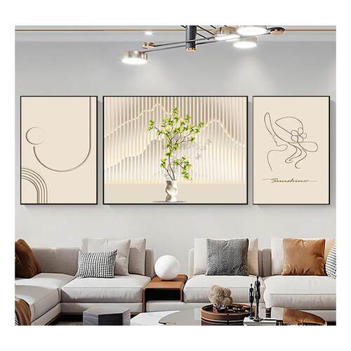 奶油风小清新客厅三联装饰画现代简约盆栽线条挂画北欧绿植花瓶
