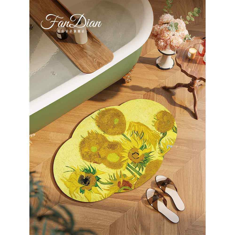 美式向日葵油画浴室地垫硅藻泥吸水垫卫生间防滑脚垫卫浴黄色地毯