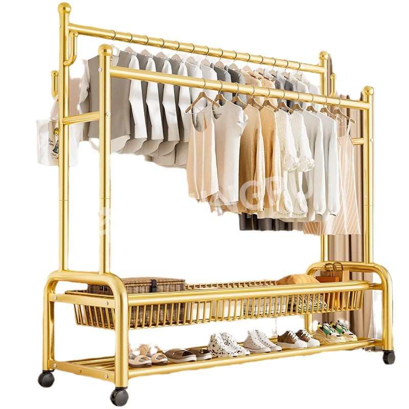 晾衣架落地立式可移动卧室挂衣架特厚仙人掌带网框置物收纳衣帽架