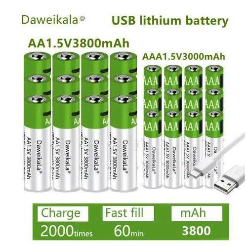 可充电锂离子电池快速充电电池USB1.5VAA+AAA电池3800-3000mAh