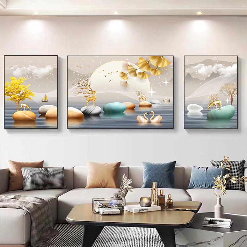 客厅装饰画九鱼图沙发背景墙挂画新中式北欧三联现代卧室轻奢壁画图片