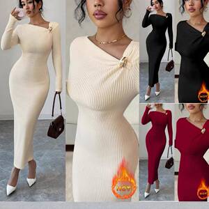 elegant long-sleeved dress features an asymmetrical neckline