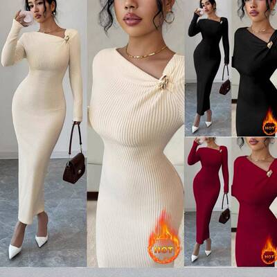 elegant long-sleeved dress features an asymmetrical neckline