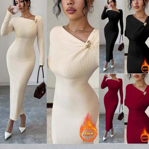 elegant long-sleeved dress features an asymmetrical neckline