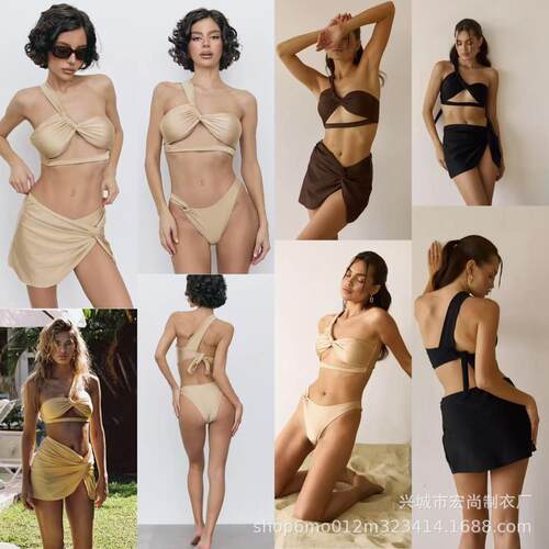 Premium fabric plus size split bikini, one shoulder strap