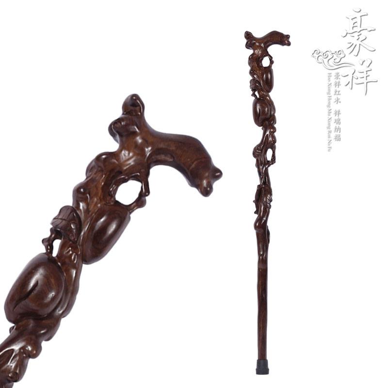 非洲黑檀木整料寿桃根雕拐杖老人红木拐棍红木实木送长辈贺寿手杖