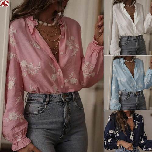 Womens Vintage Casual Embroidered Floral Leaf Button Pleated