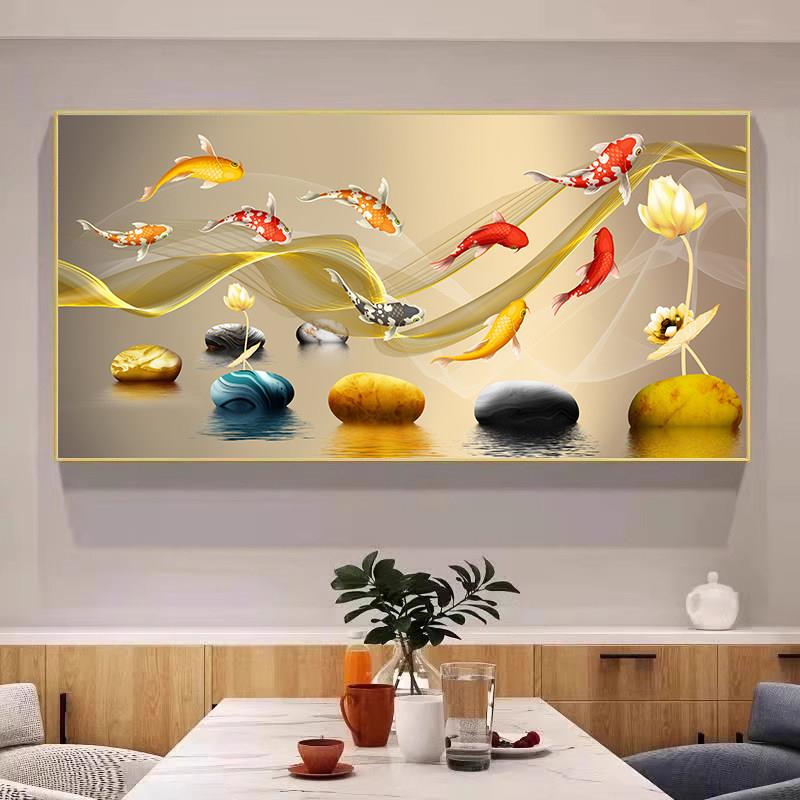 九鱼图饭厅餐桌装饰画 画饭厅背景墙新中式轻奢高级麋鹿挂画 画招