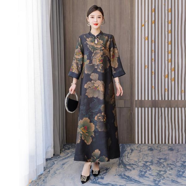 中国风改良旗袍洋装女高端大牌2025年新款妈妈长版桑蚕丝覆古裙