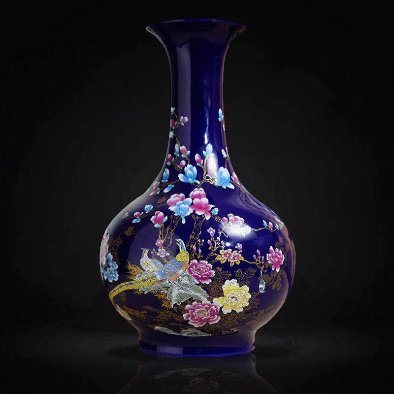 景德镇手工陶瓷花瓶新中式宝蓝锦鸡大花瓶装饰摆件客厅高端工艺品