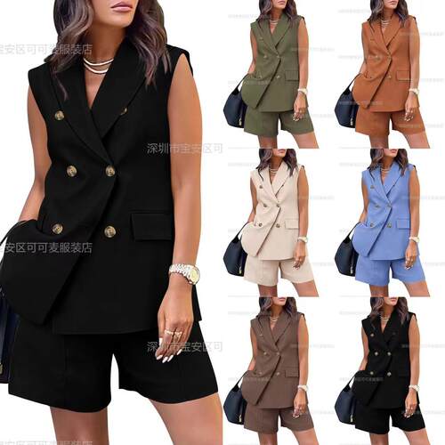 Womens Blazer Vest Shorts Sets Lapel Neck Casual Sleeveless
