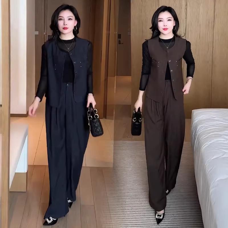 香港代购时尚套装女春季新款洋气显瘦马甲阔腿裤减龄气质三件套潮