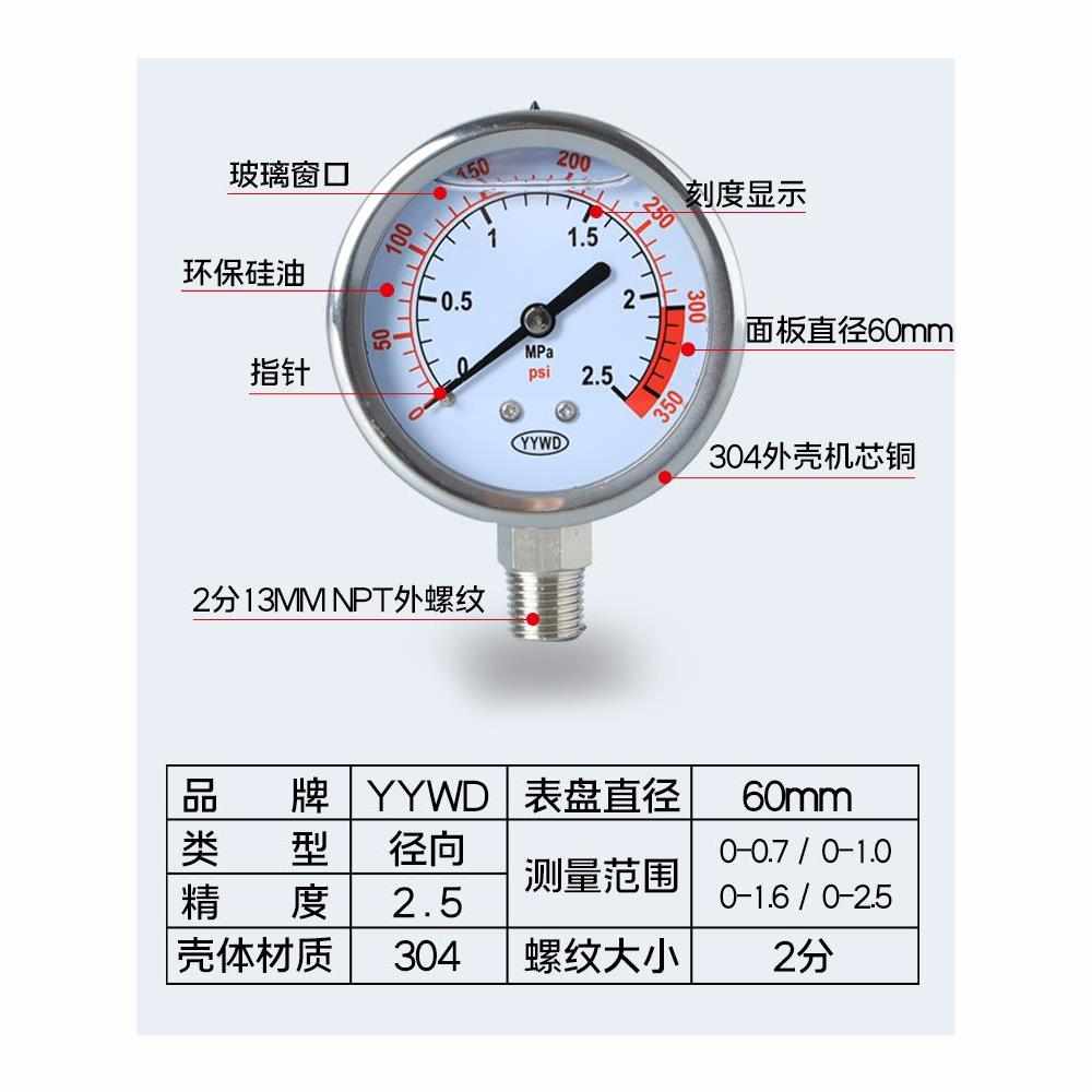 。Y60耐震径向压力表不锈钢油压水压气压压力表多量程管道式压力