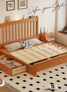 米尔实力SF-W21樱工厂1米5的实床复古温莎木床小户型床储物家用实