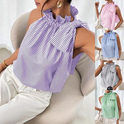 Women's Fashion Casual Sleeveless Striped Lace High Neck Tie