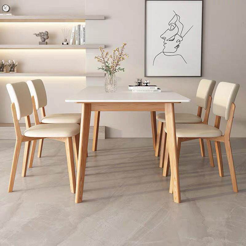 实木餐桌奶油风家用小户型现代简约白色岩板饭桌长方形餐桌椅组合