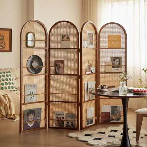北欧风藤编屏风隔断艺术置物架电镀木可移动延长客厅空间