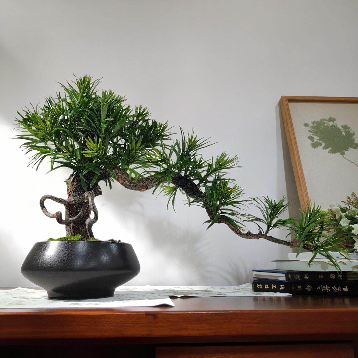 新中式迎客松盆景摆件样板房玄关茶室茶楼松树盆栽装饰品景观摆设