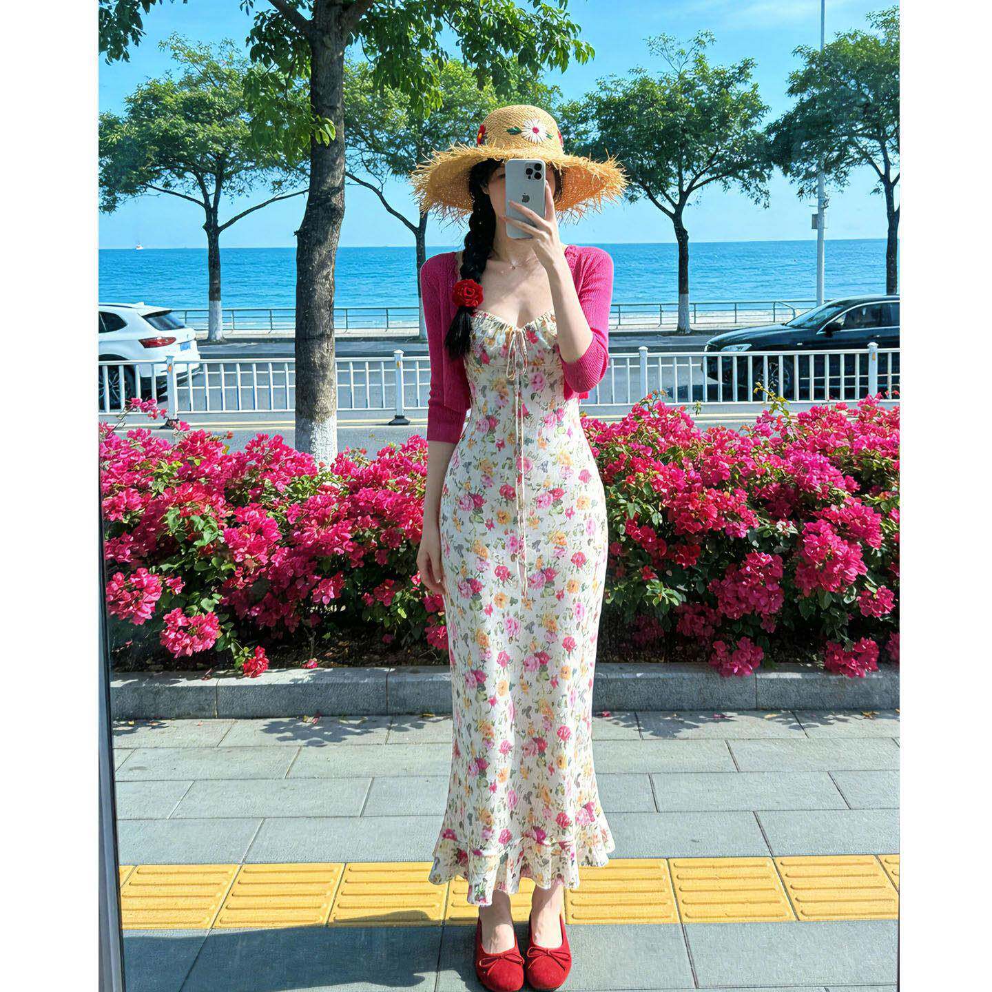 温柔漂亮玫瑰碎花吊带洋装女夏独特绝美掐腰包臀长裙开衫两件套
